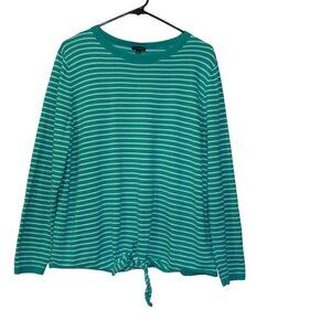 Talbots Womens Green & White Striped Spring Crewneck Sweater Ties in Front XL